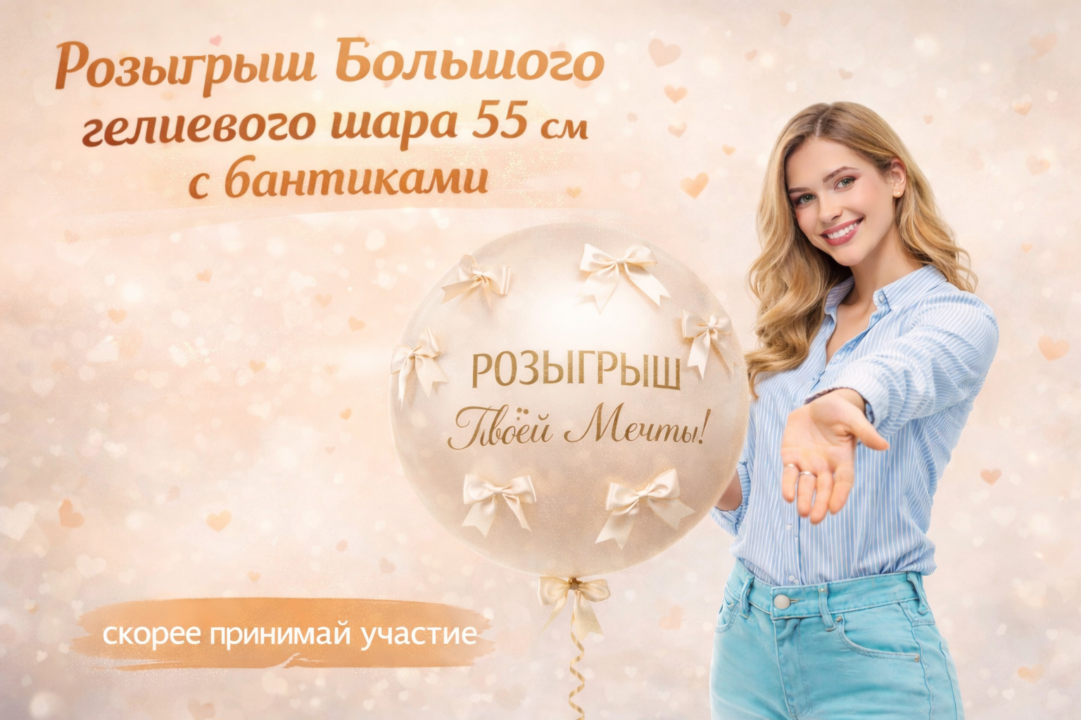 Шар 55 см с надписью и бантиками: розыгрыш PROшарики №37